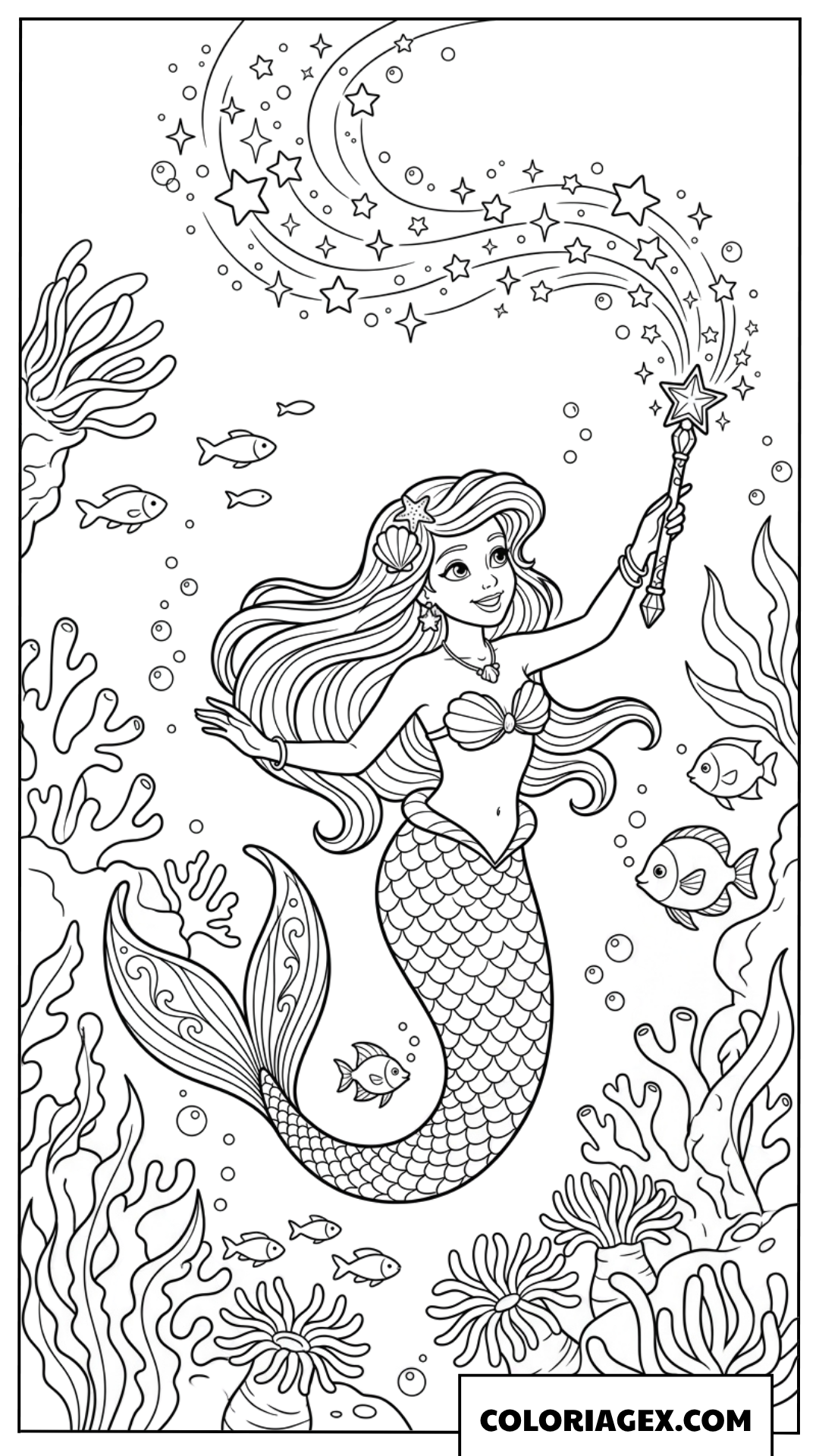 Dessin de coloriage d une sirene magique avec sa baguette etoilee