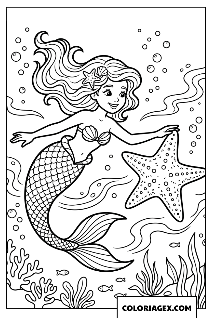 Dessin de coloriage d une sirene nageant avec une etoile de mer