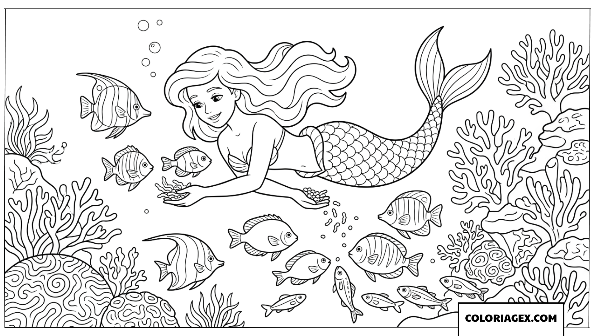 Dessin de coloriage d une sirene nourrissant les poissons tropicaux