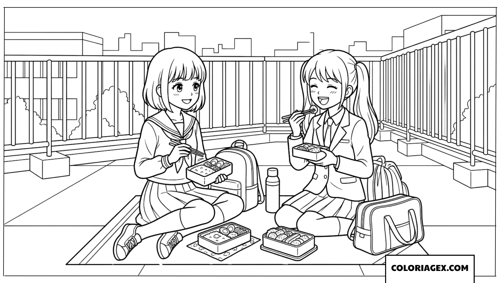 Dessin de deux amies partageant un repas sur le toit