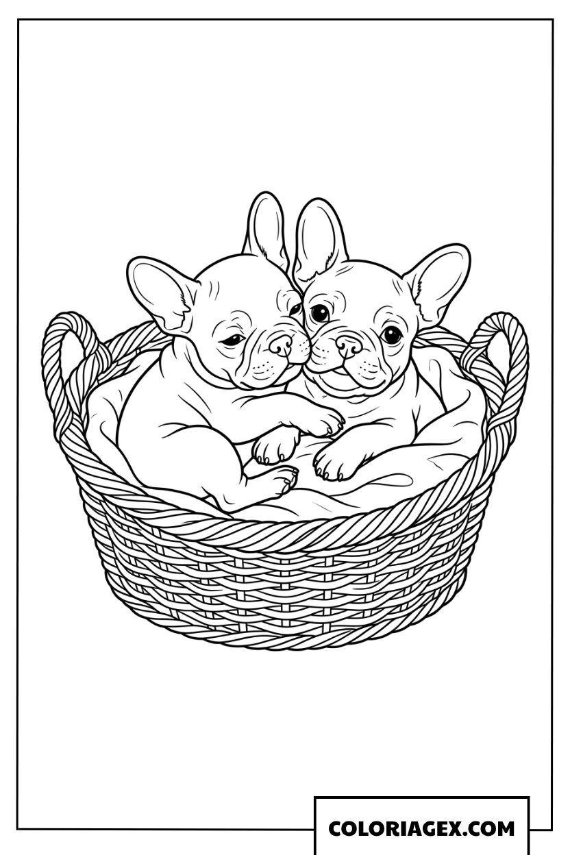 Dessin de deux chiots Bouledogue Français câlins dans un panier à colorier