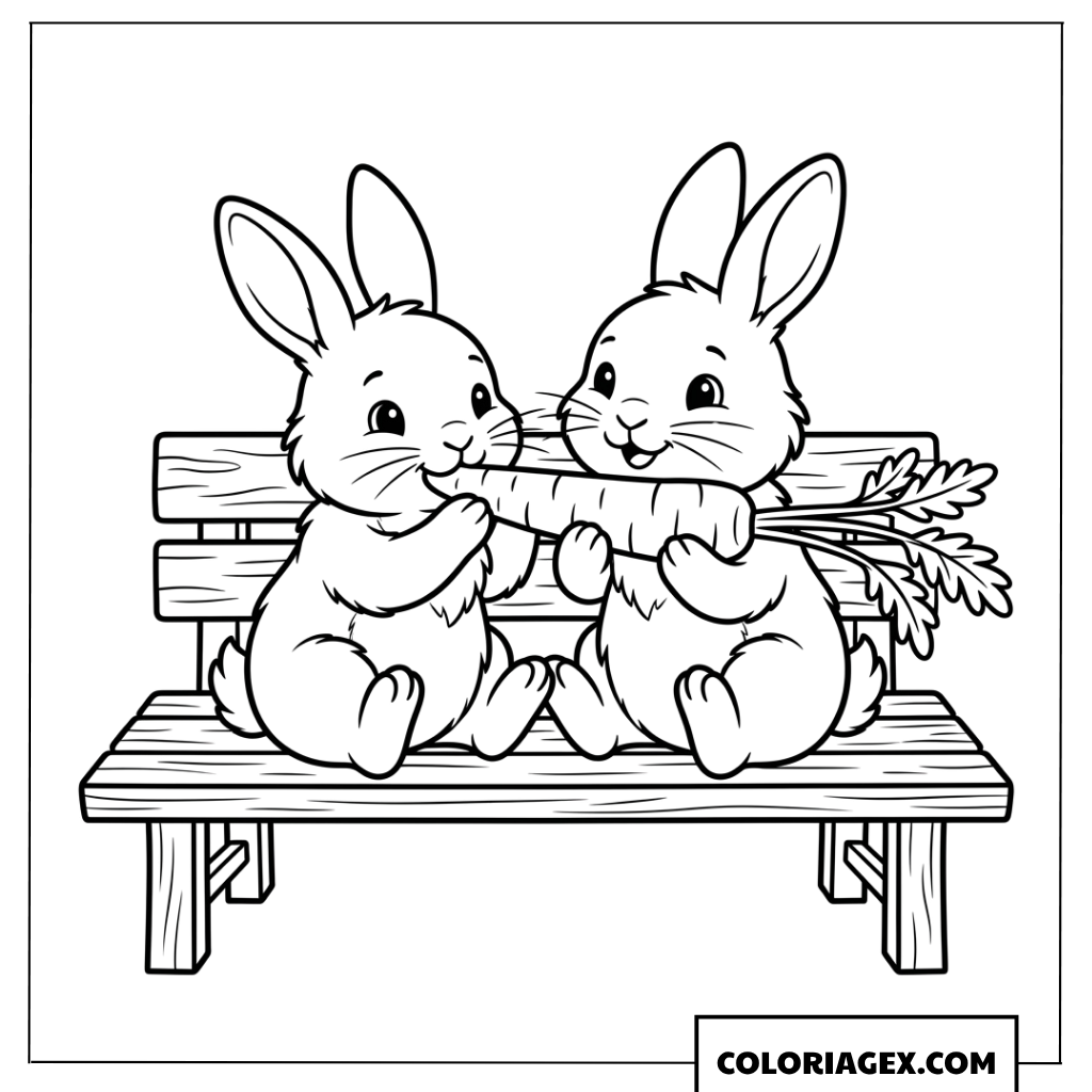 Dessin de deux lapins partageant une carotte sur un banc