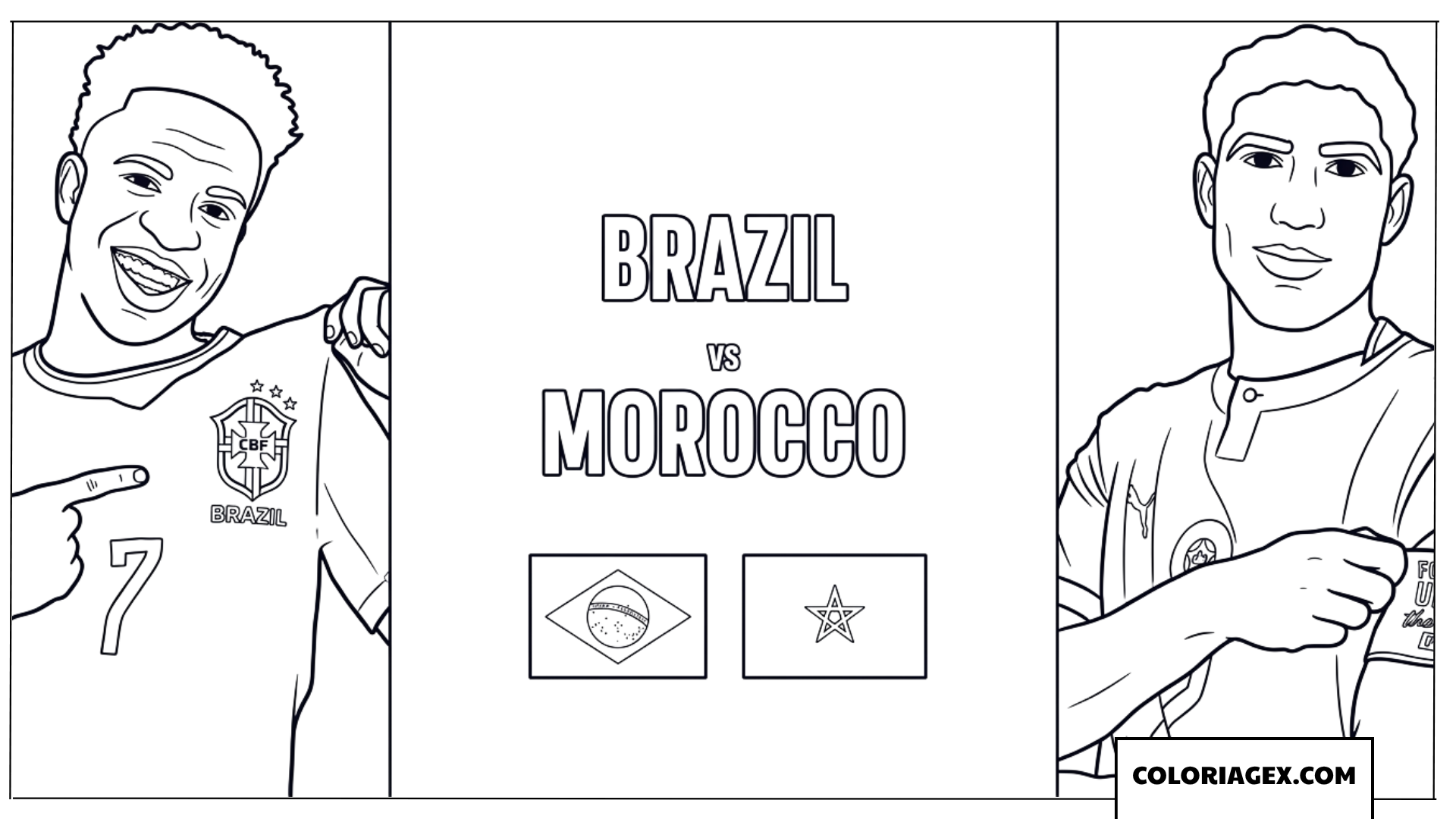 Dessin de duel entre les joueurs du Brésil et du Maroc