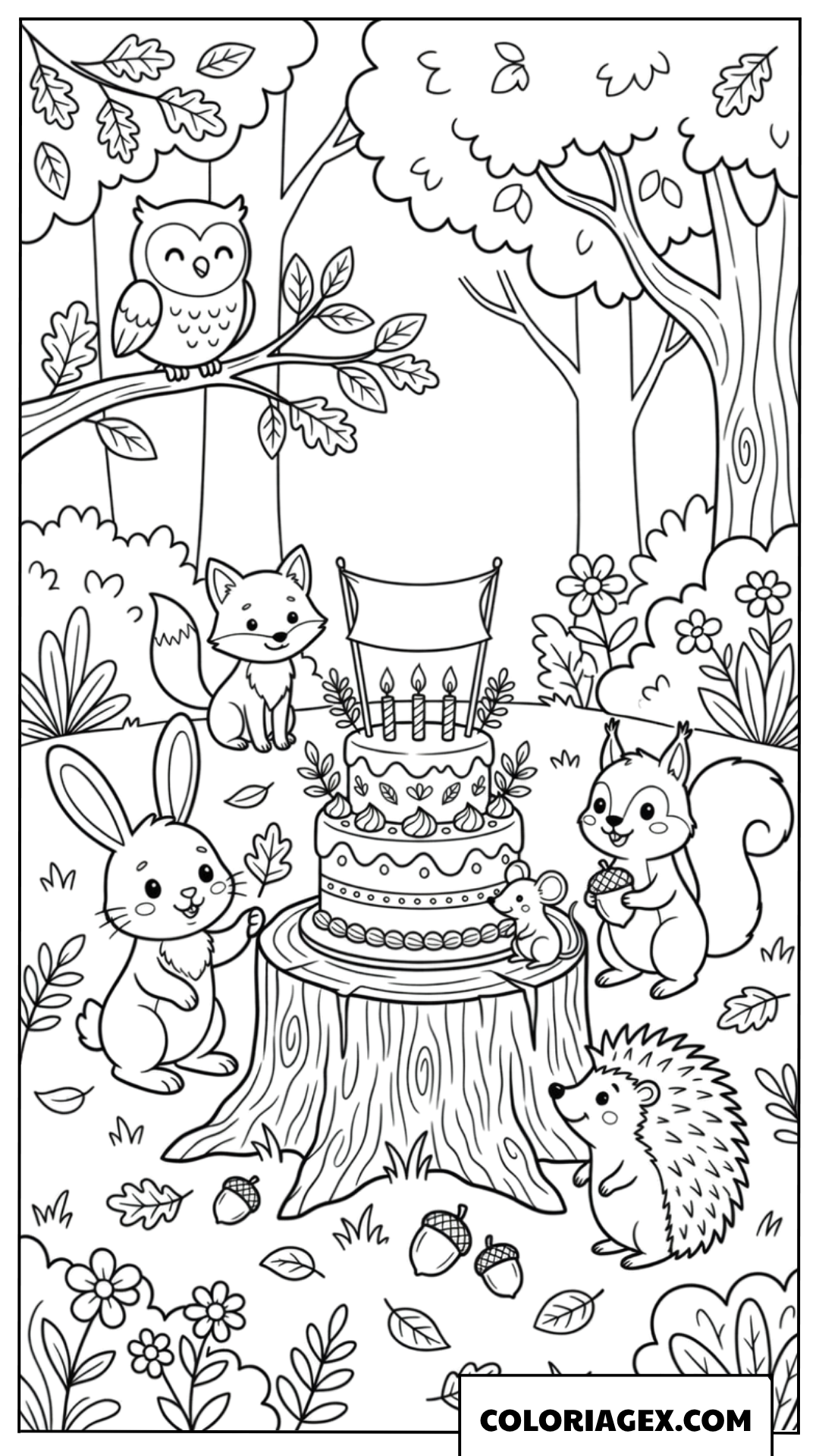 Dessin de fete dans la foret avec des animaux mignons