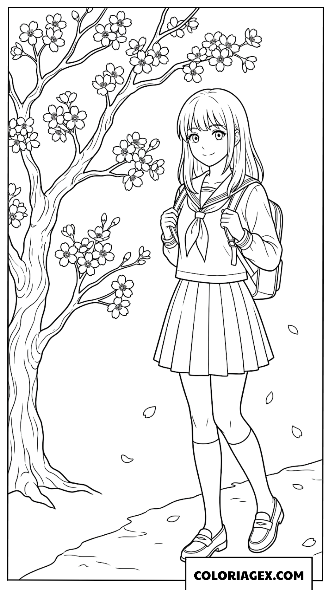 Dessin de fille anime sous les cerisiers