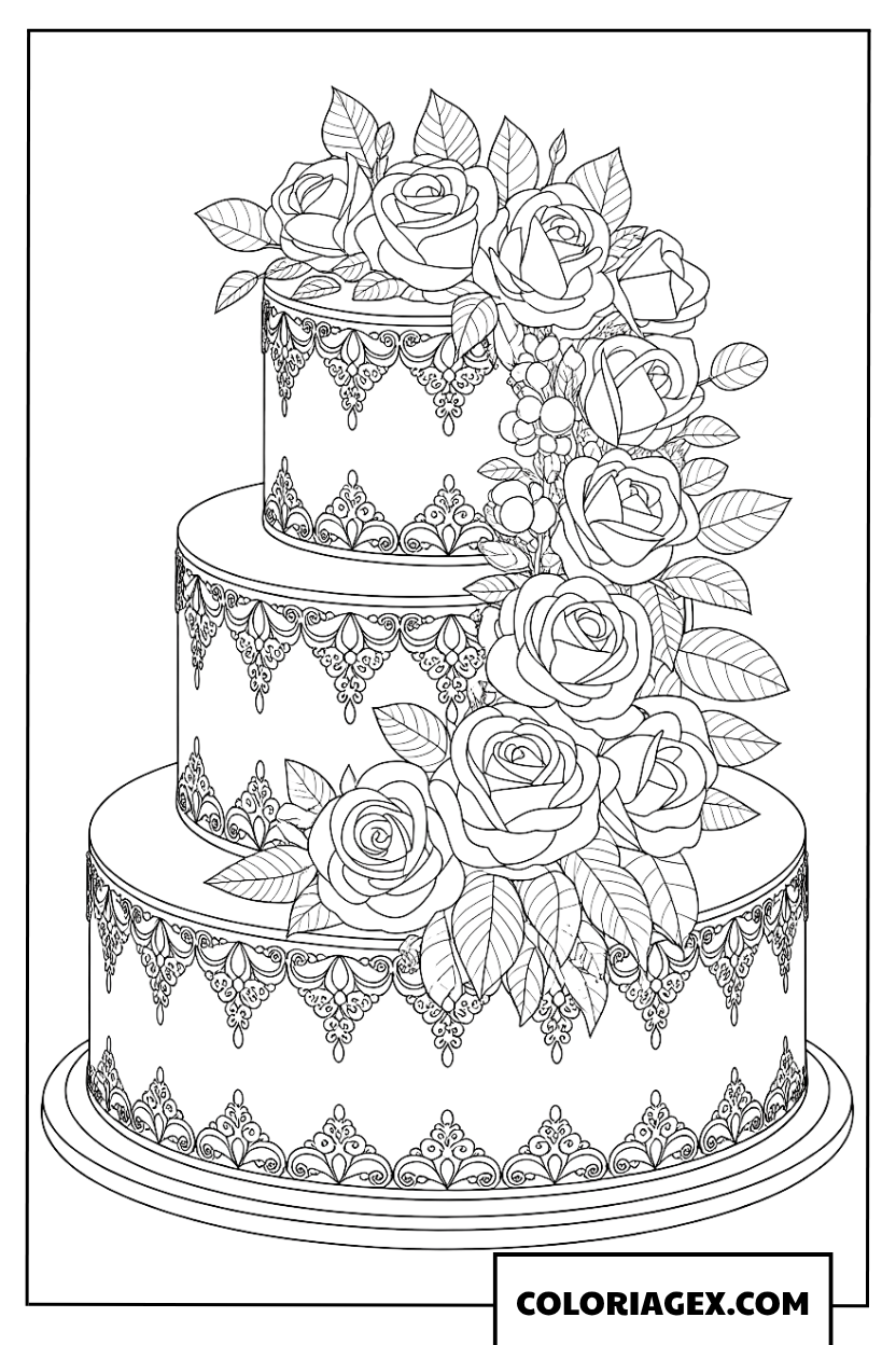 Dessin de gateau de mariage somptueux orne de fleurs