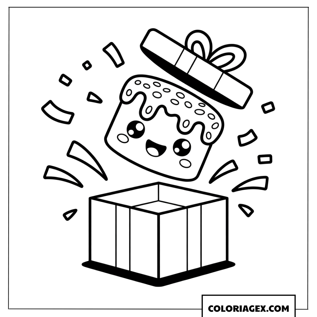 Dessin de gateau kawaii sautant d une boite surprise
