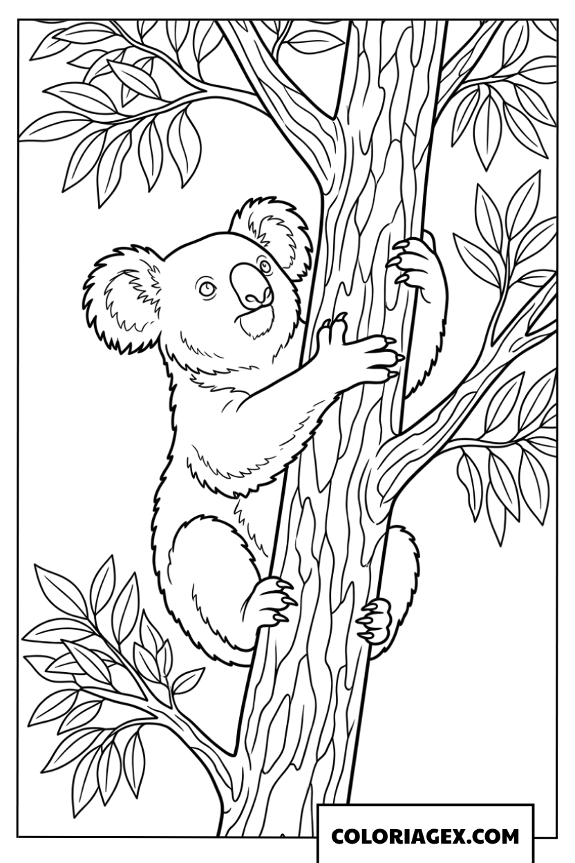 Dessin de koala aventurier grimpant sur un tronc