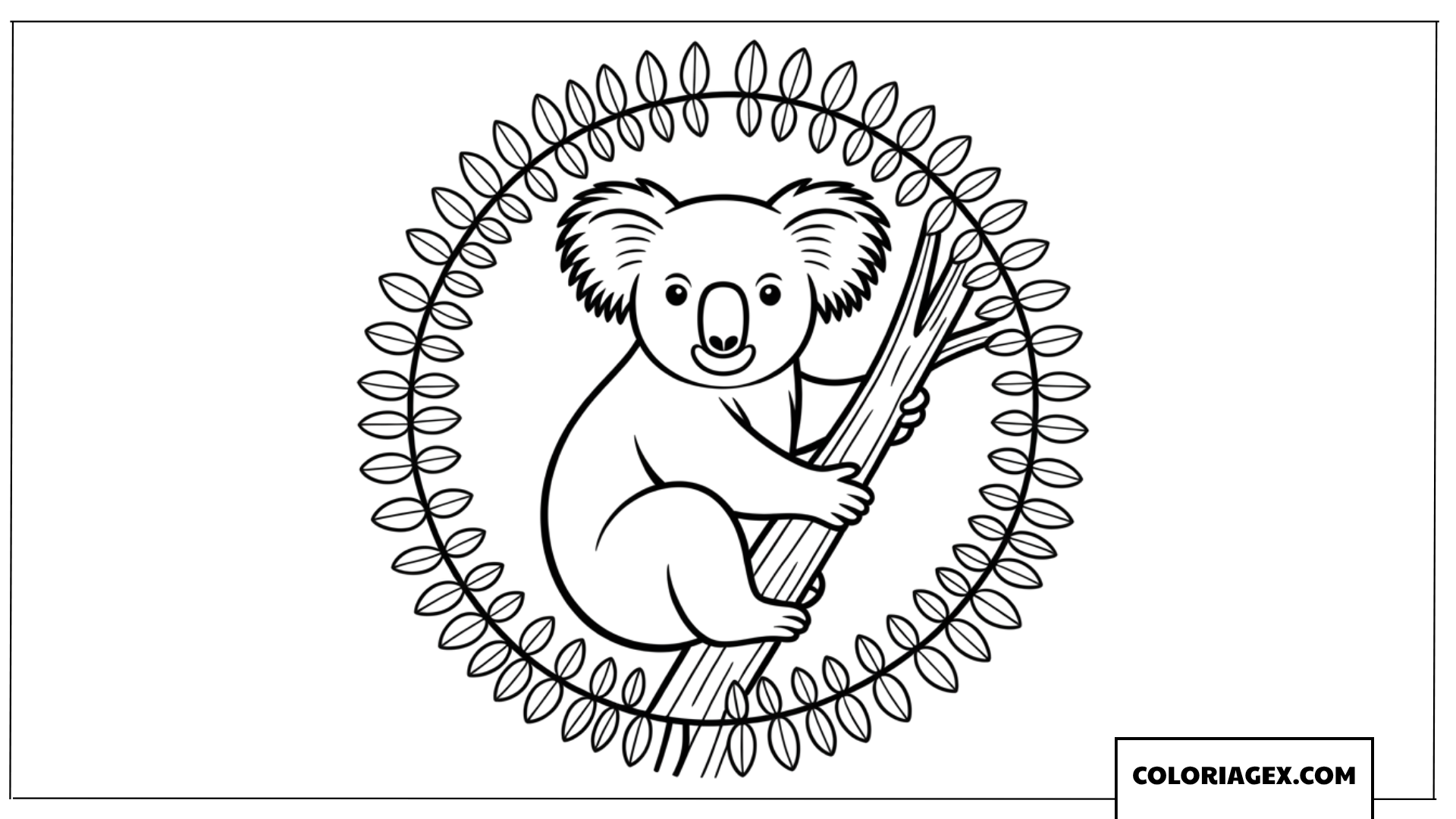 Dessin de koala calme installe dans un cercle vegetal