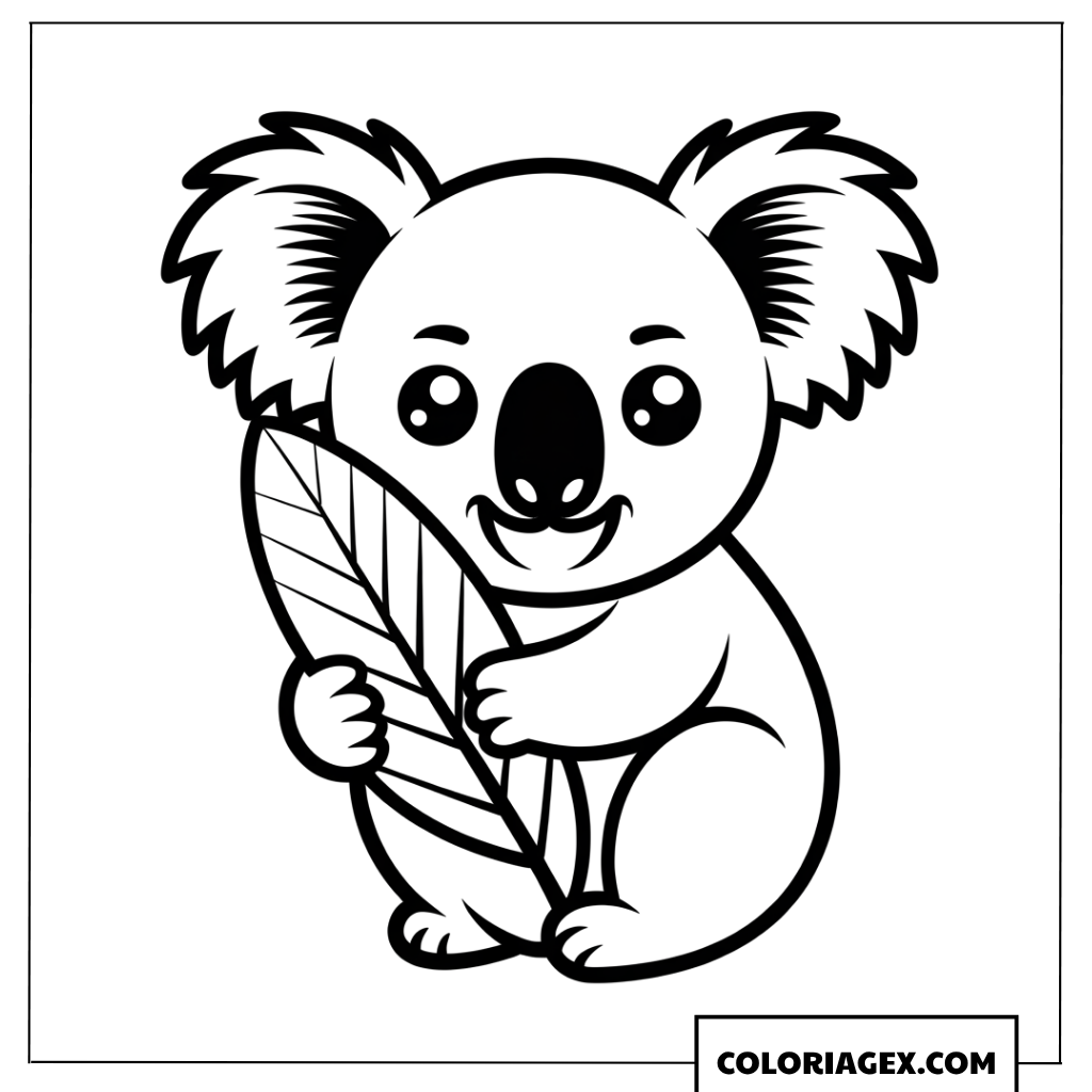 Dessin de koala gourmand qui mange une grande feuille