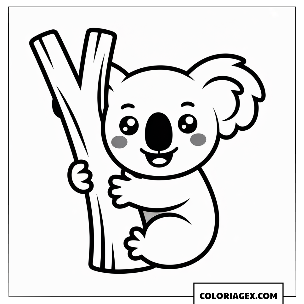 Dessin de koala souriant accroche a un arbre