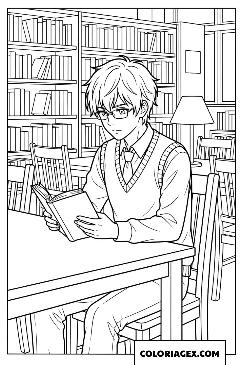 Dessin de l etudiant studieux a la bibliotheque
