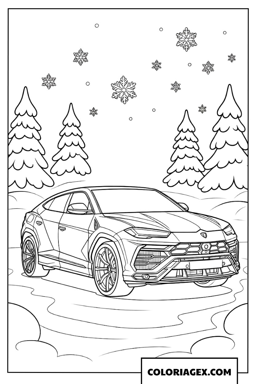 Dessin de la Lamborghini Urus dans un paysage hivernal