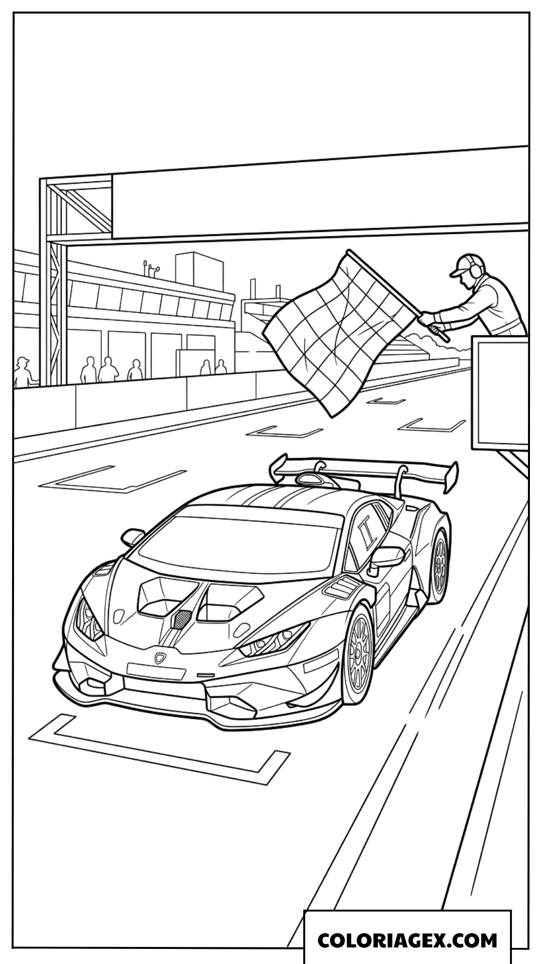 Dessin de la Lamborghini franchissant la ligne d'arrivée victorieuse