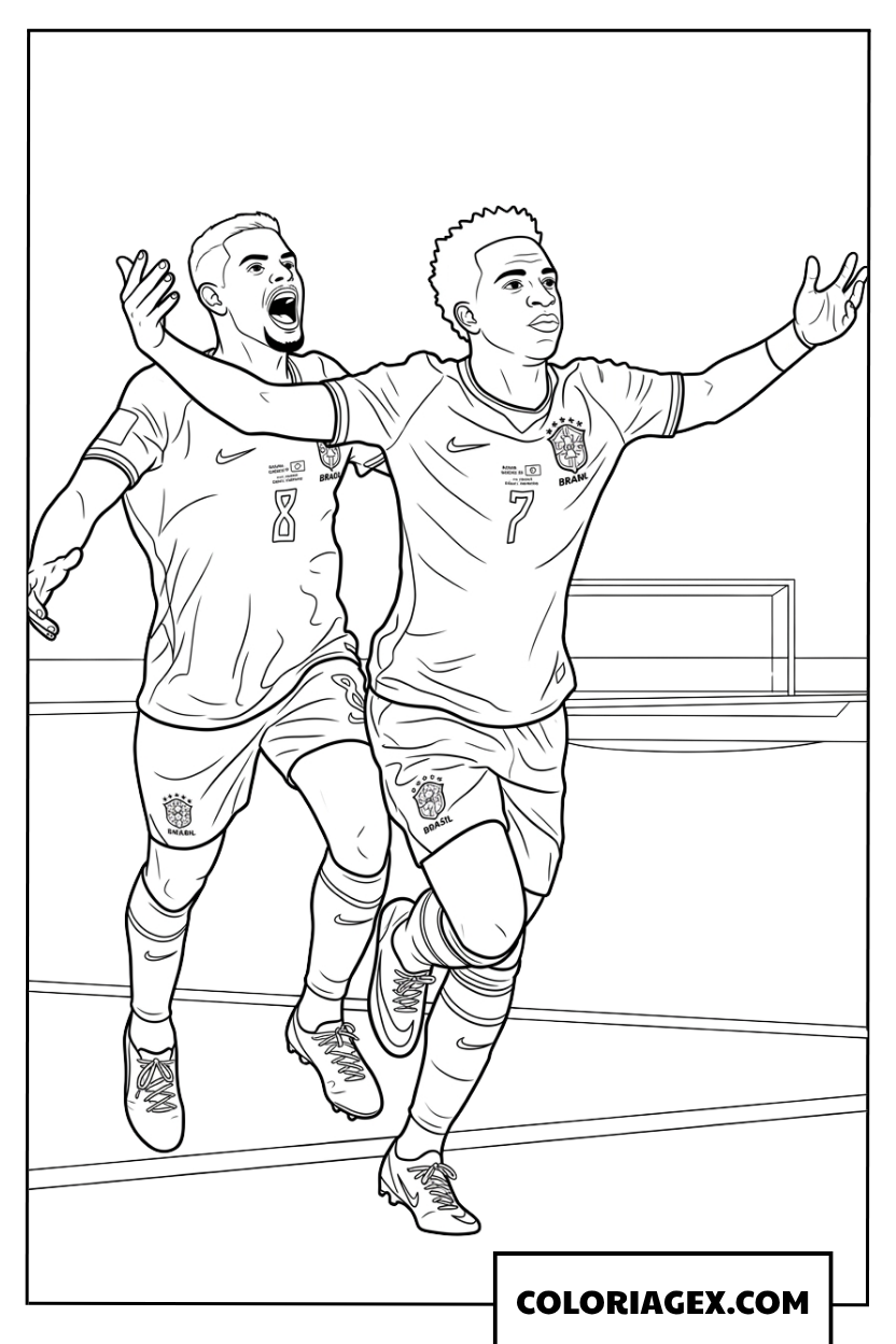 Dessin de la joie intense des joueurs bresiliens apres un but