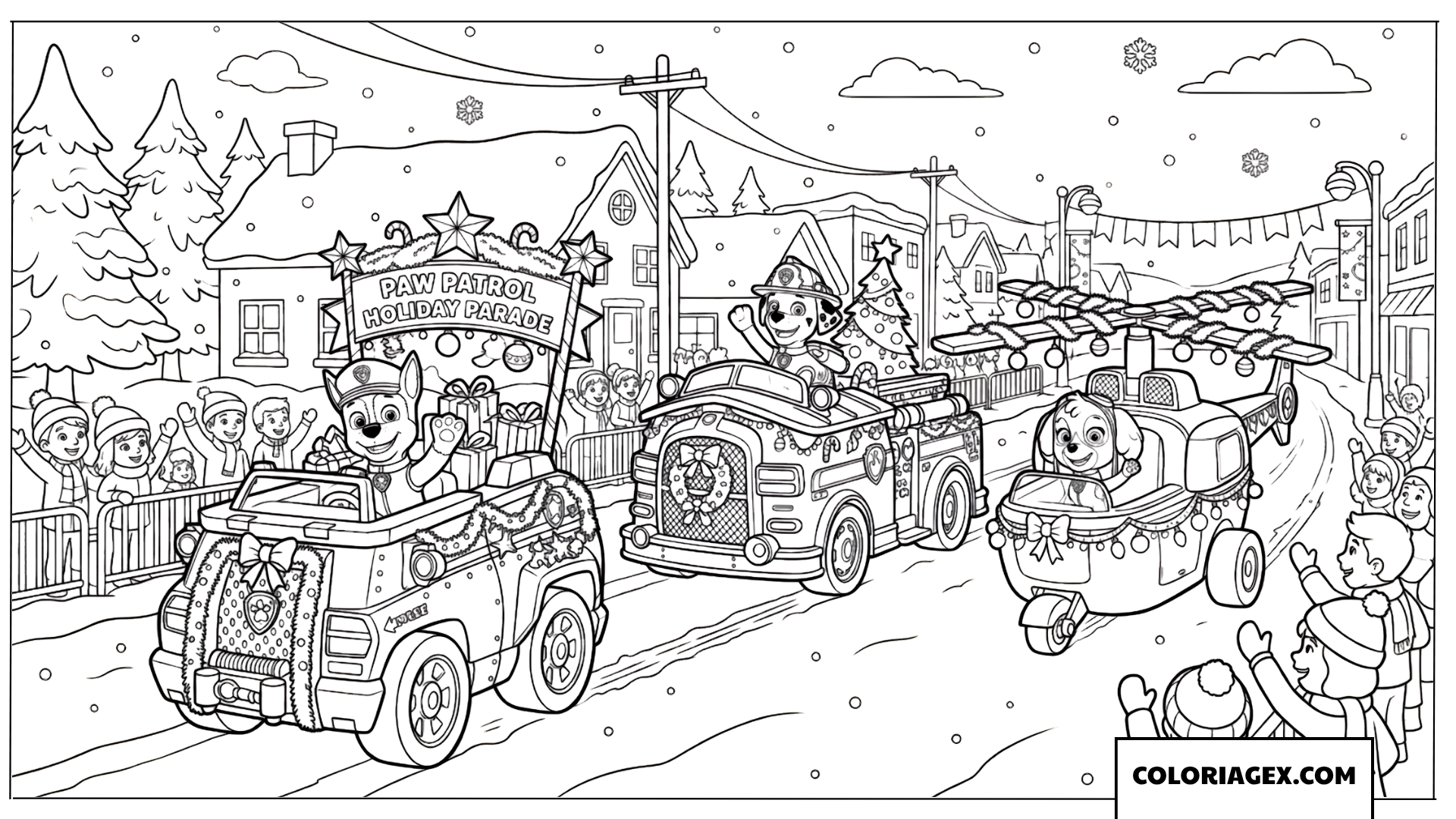 Dessin de la parade de véhicules de vacances de la Paw Patrol