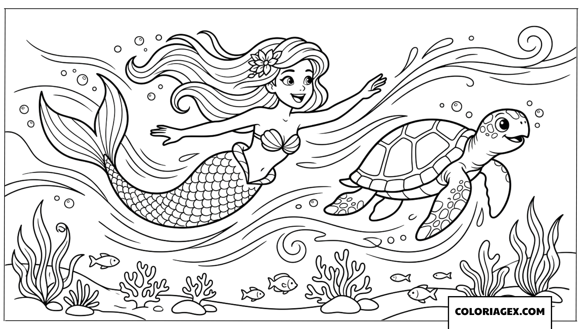 Dessin de la sirene nageant avec une tortue marine