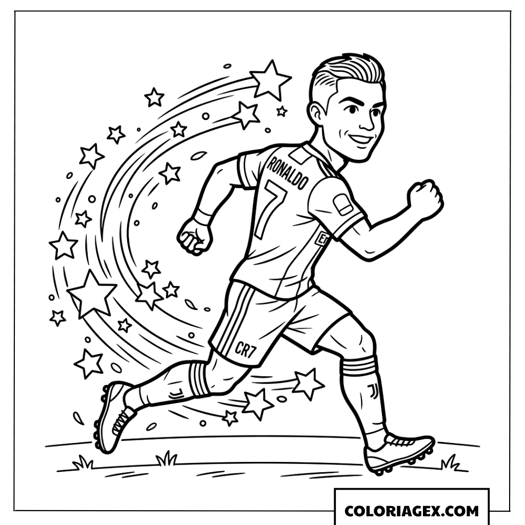 Dessin de la superstar Ronaldo courant avec des étoiles