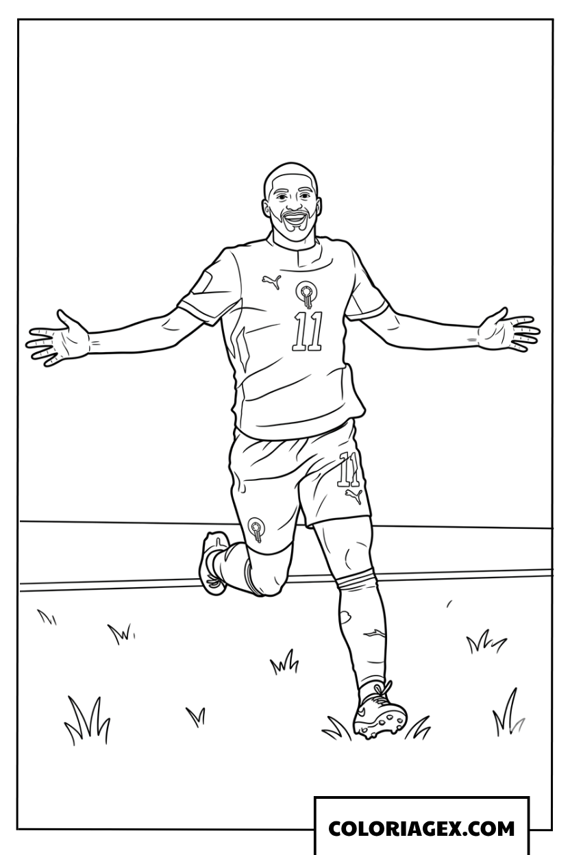 Dessin de l'attaquant marocain Ismael Saibari celebrant son but