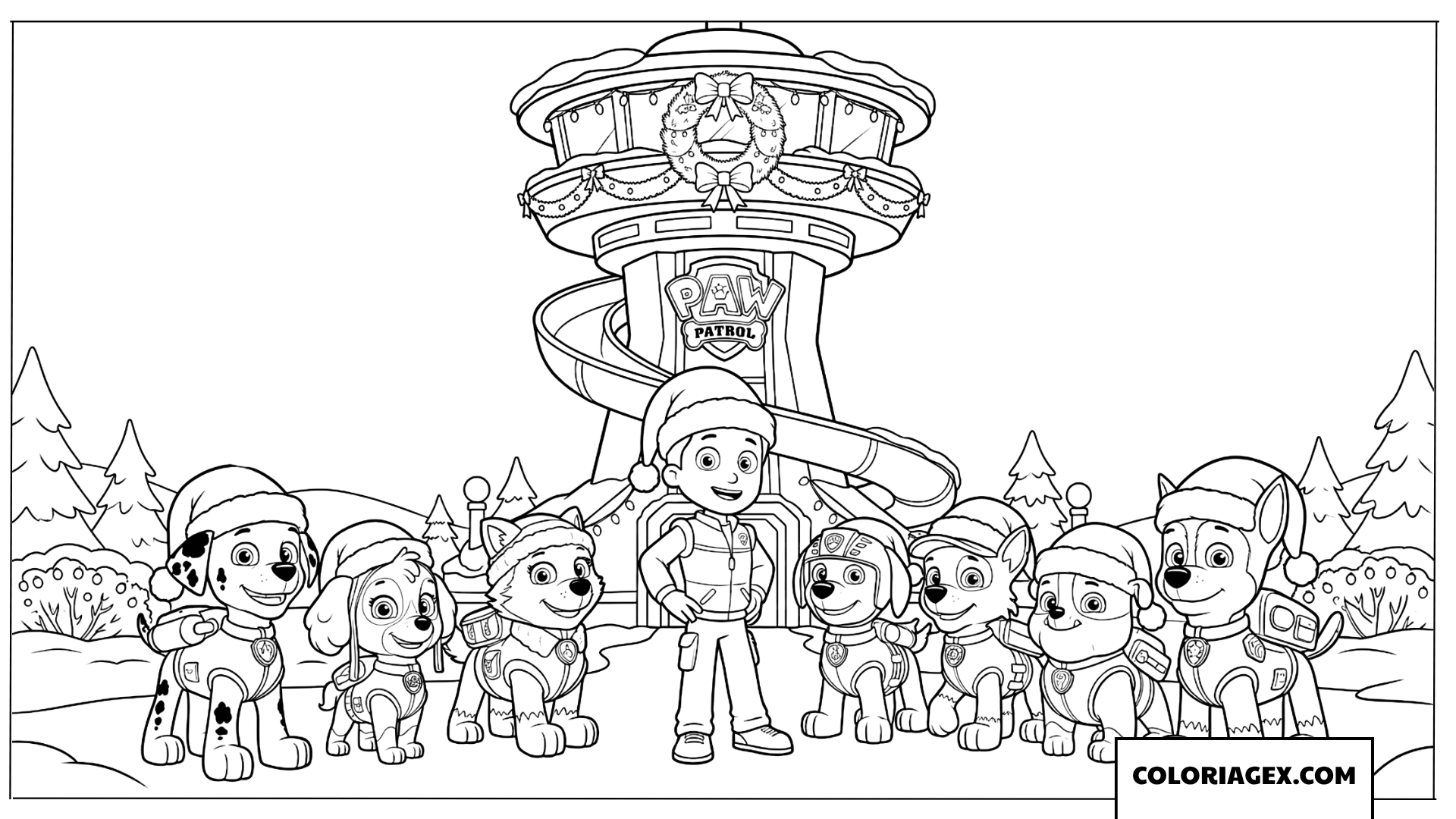 Dessin de l'équipe Paw Patrol portant des bonnets de Noël devant la Tour de contrôle