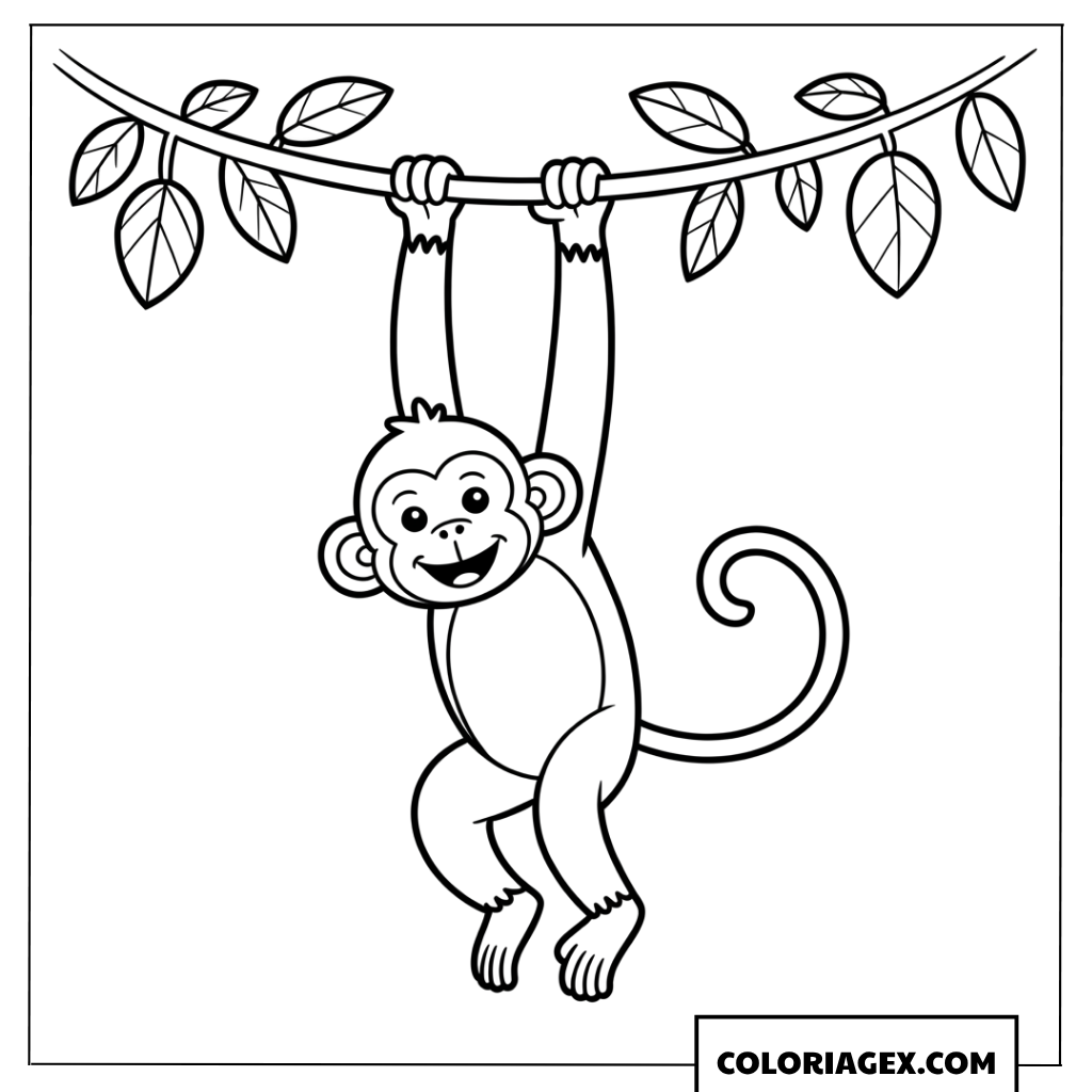 Dessin de petit singe joyeux suspendu a une branche