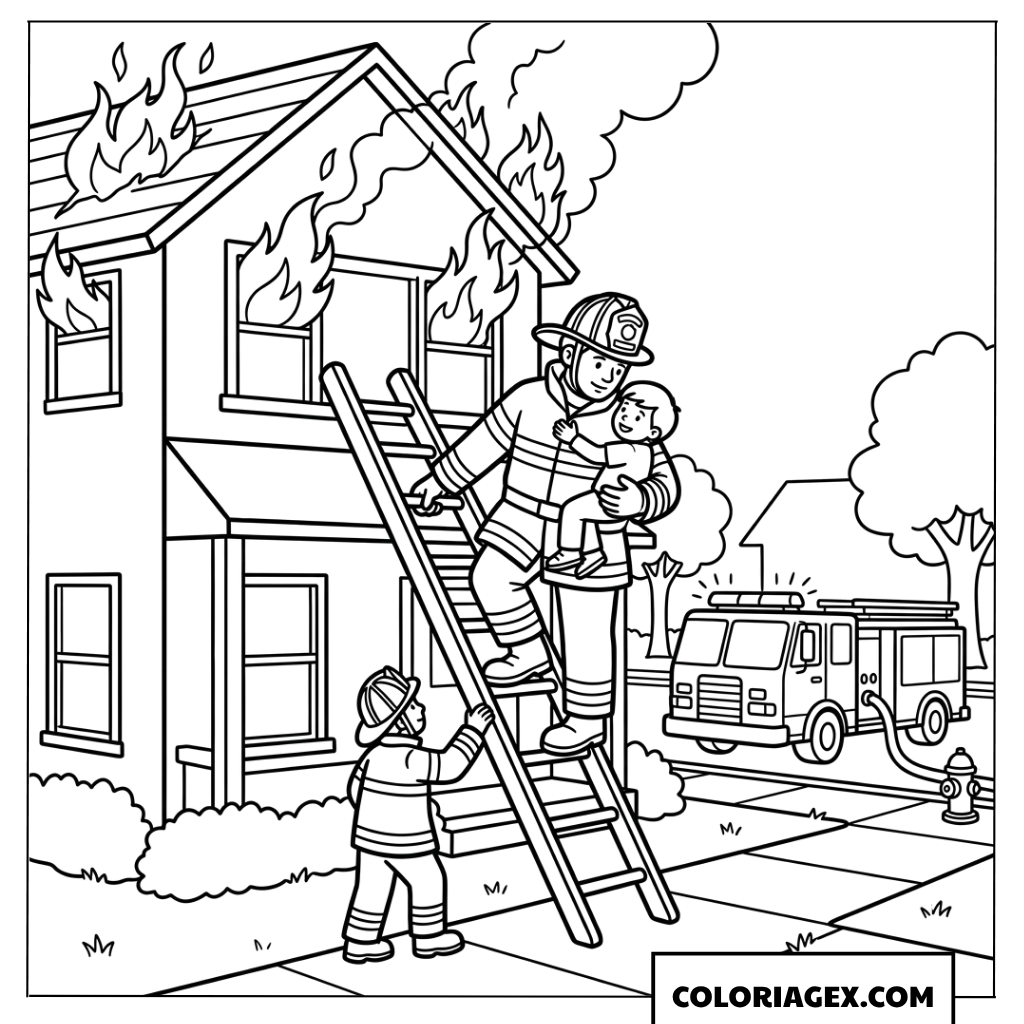 Dessin de pompier sauvant un enfant du feu