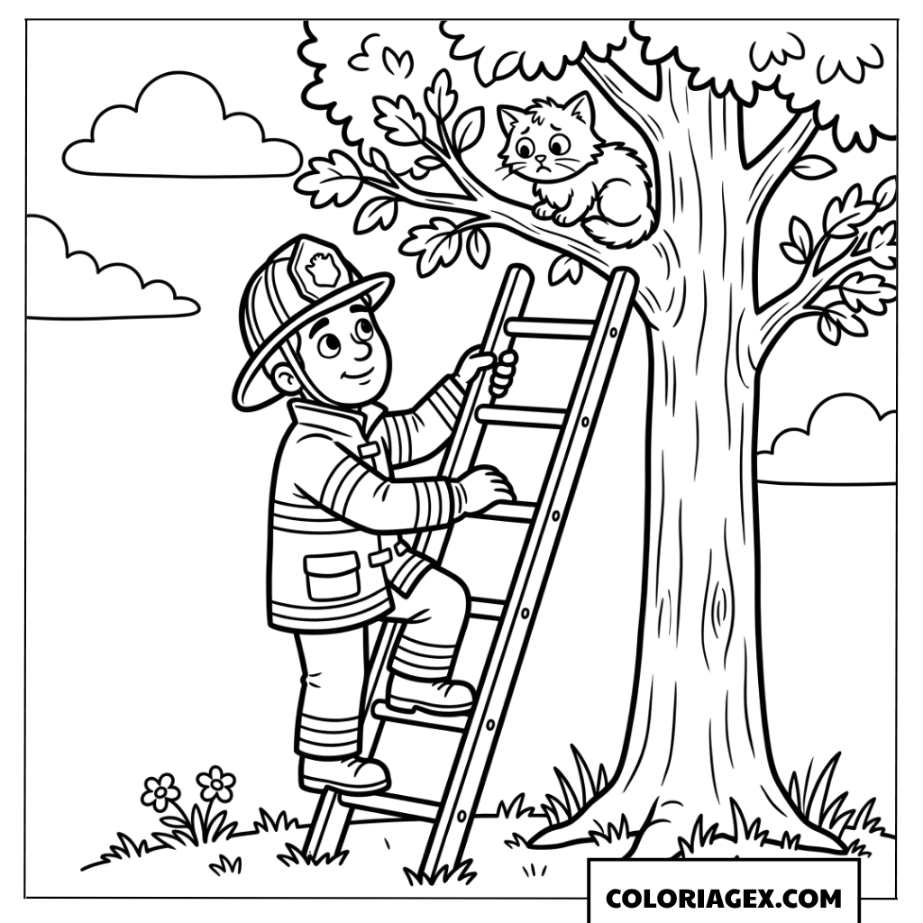 Dessin de pompier secourant un petit chat