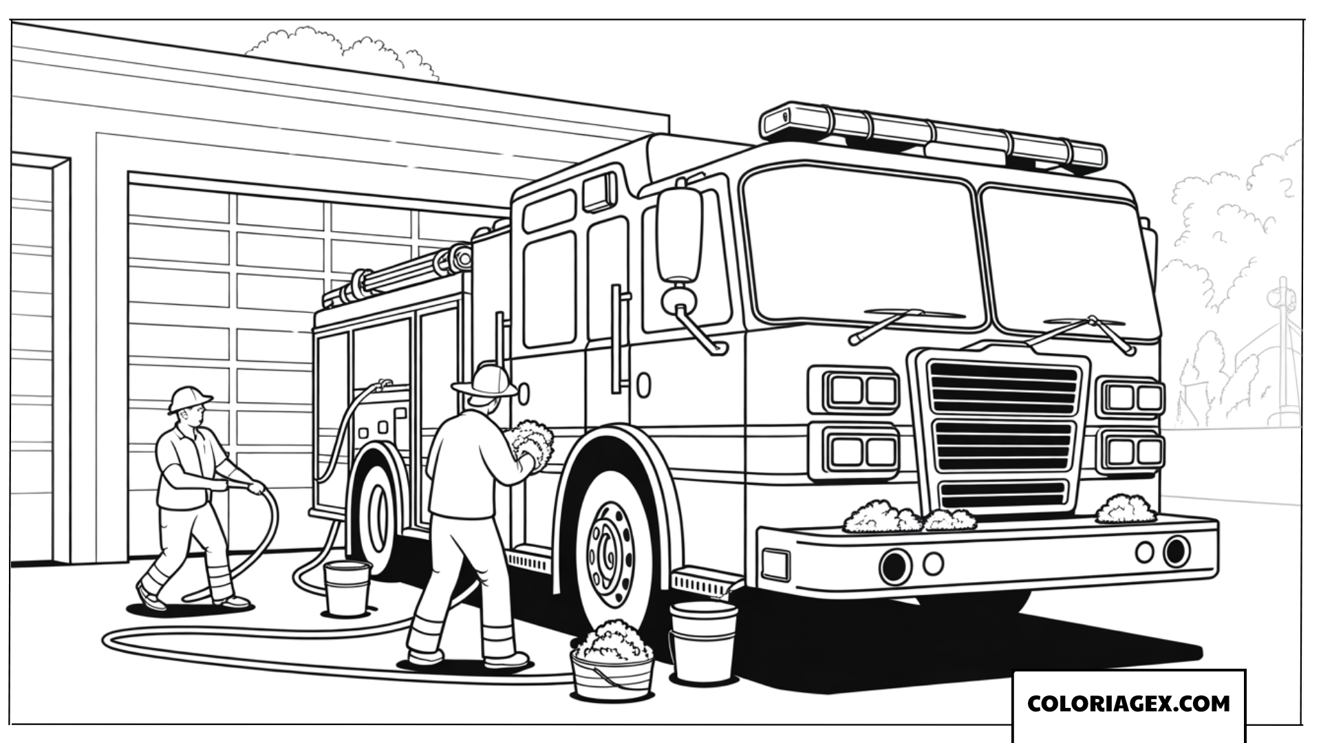 Dessin de pompiers nettoyant leur camion