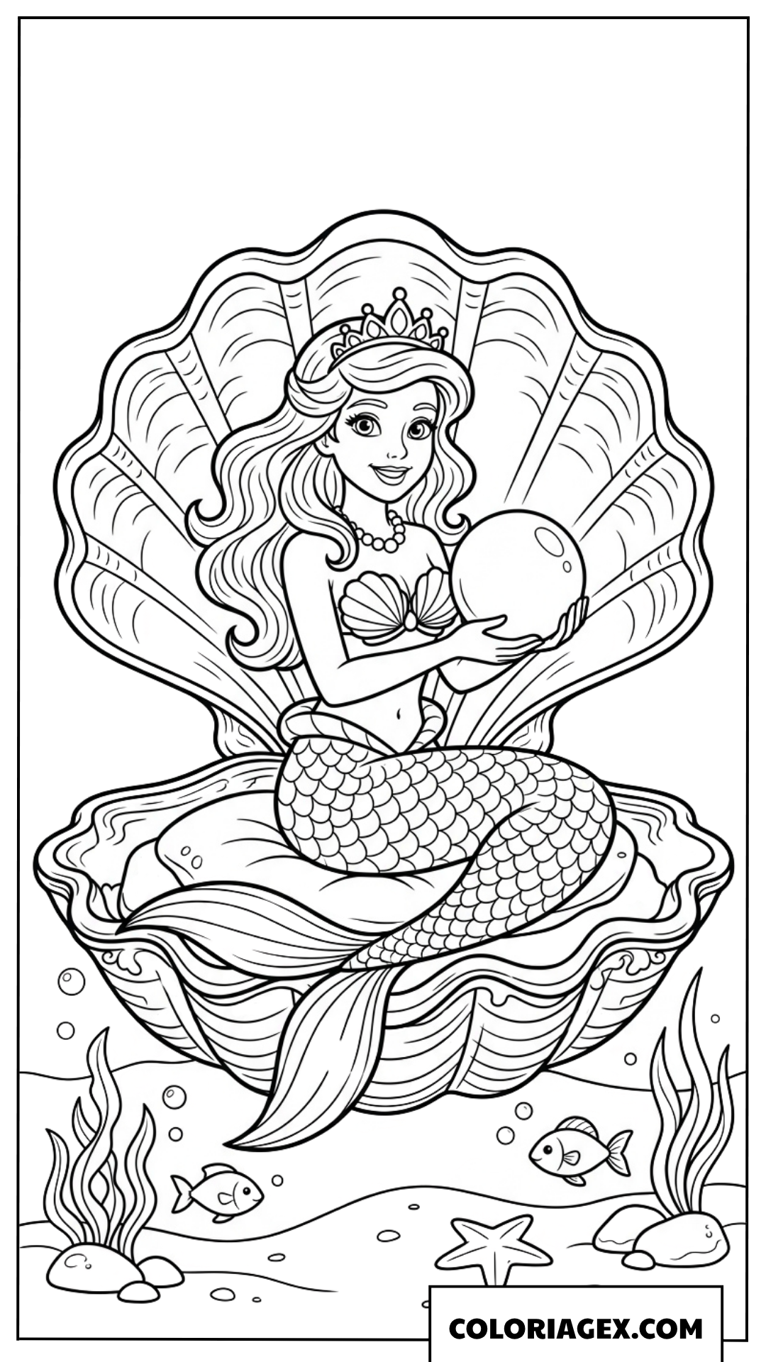 Dessin de princesse sirene assise dans un grand coquillage