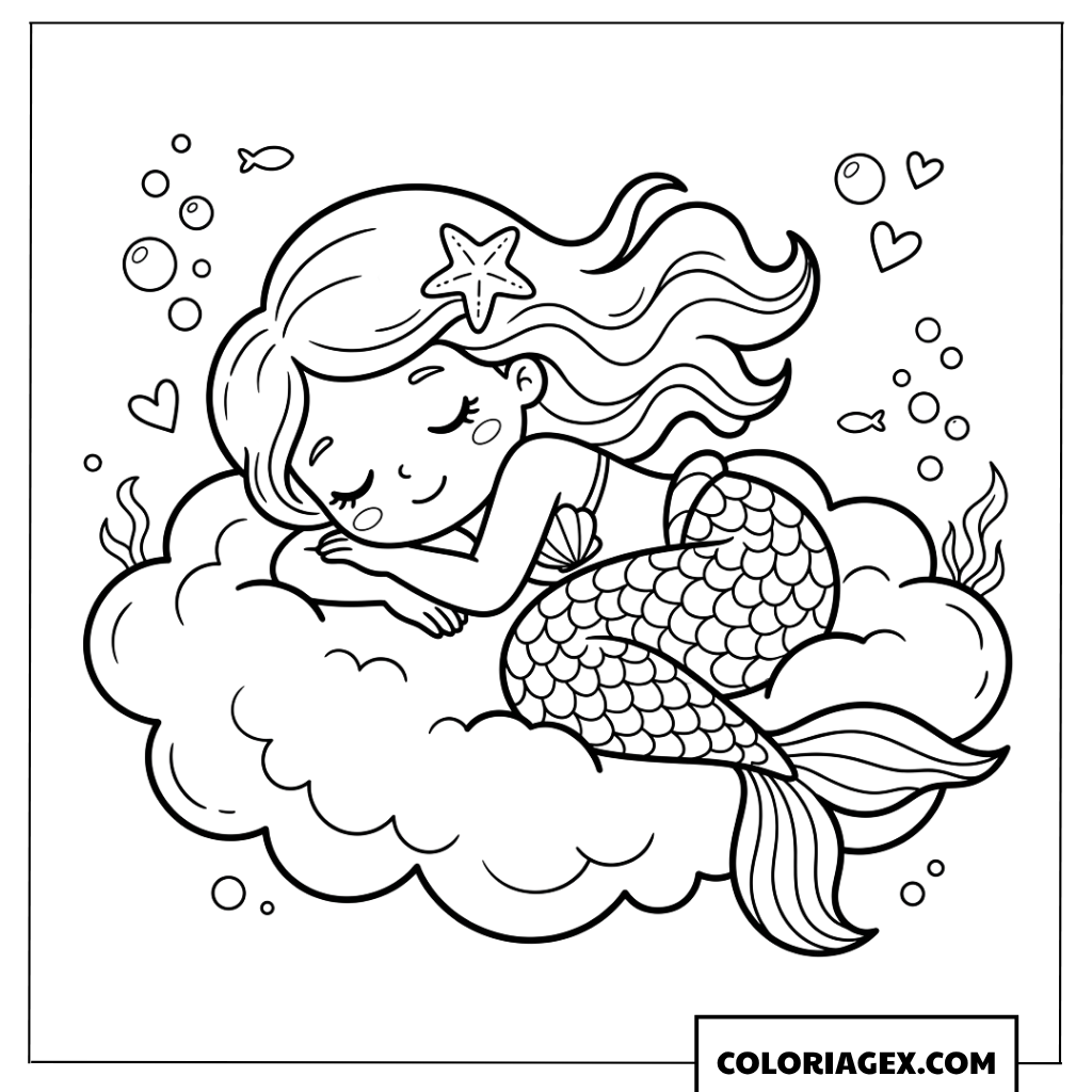 Dessin de sirene Chibi dormant sur un nuage mignon a colorier