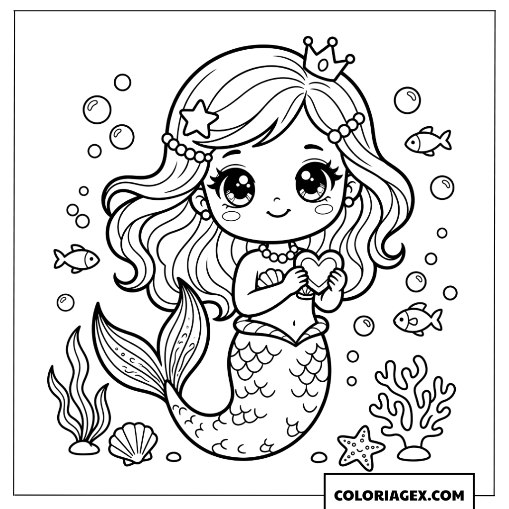 Dessin de sirene Chibi tenant un petit coeur princesse a colorier