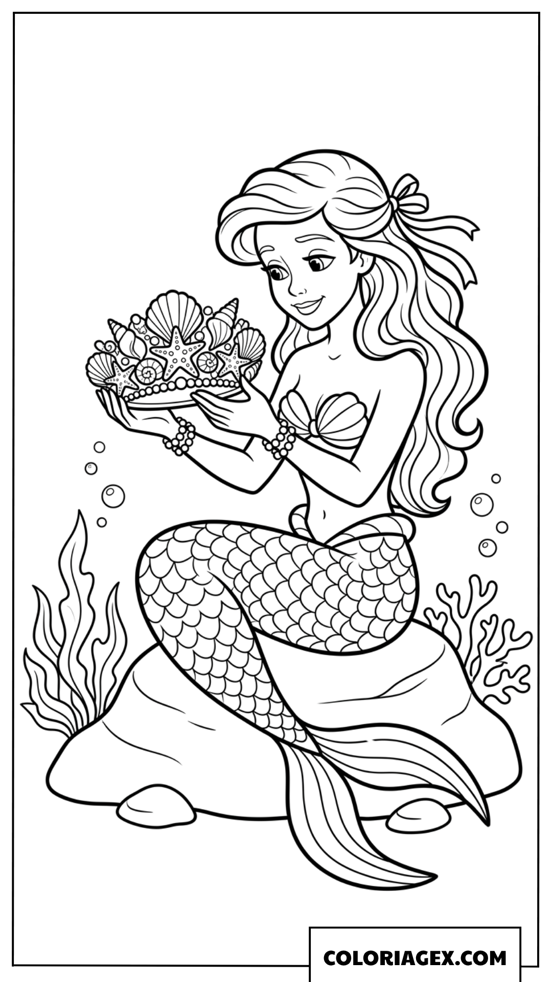 Dessin de sirene admirant une couronne de coquillages