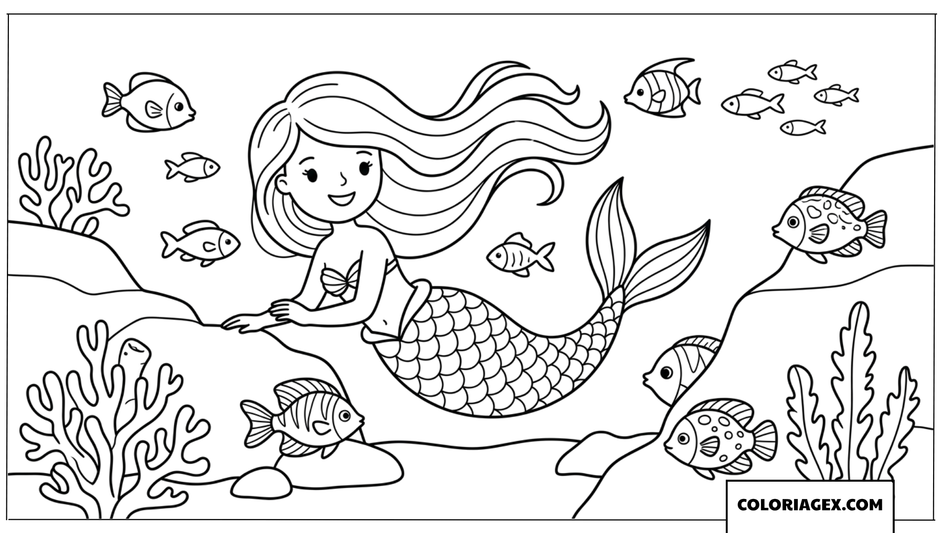 Dessin de sirene jouant a cache cache avec des poissons
