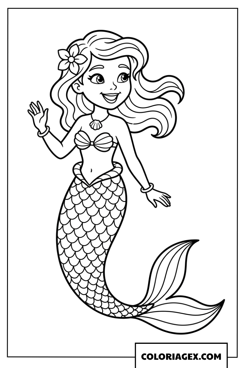 Dessin de sirène joyeuse avec une fleur dans les cheveux à colorier