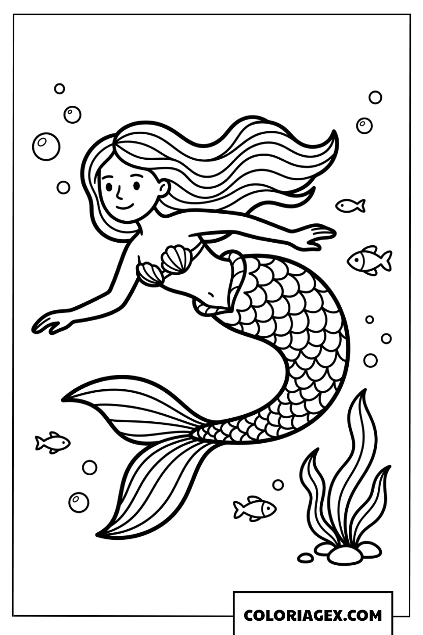 Dessin de sirène nageant paisiblement avec des petits poissons