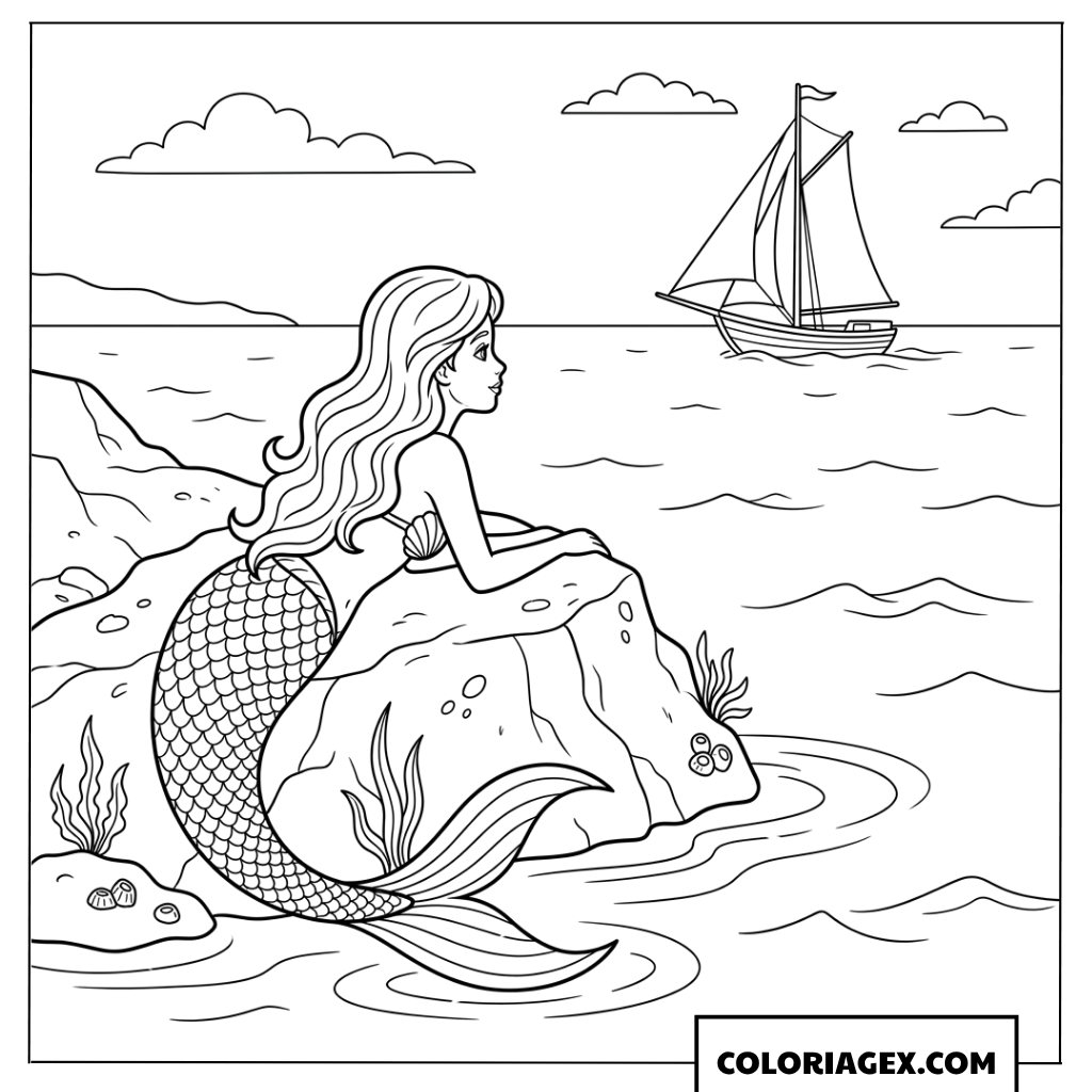 Dessin de sirene se reposant sur un rocher regardant un bateau