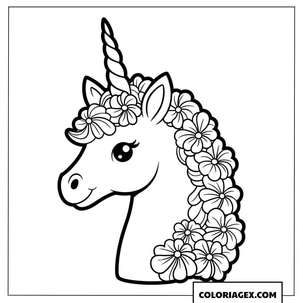 Dessin de tete de licorne avec une belle couronne de fleurs