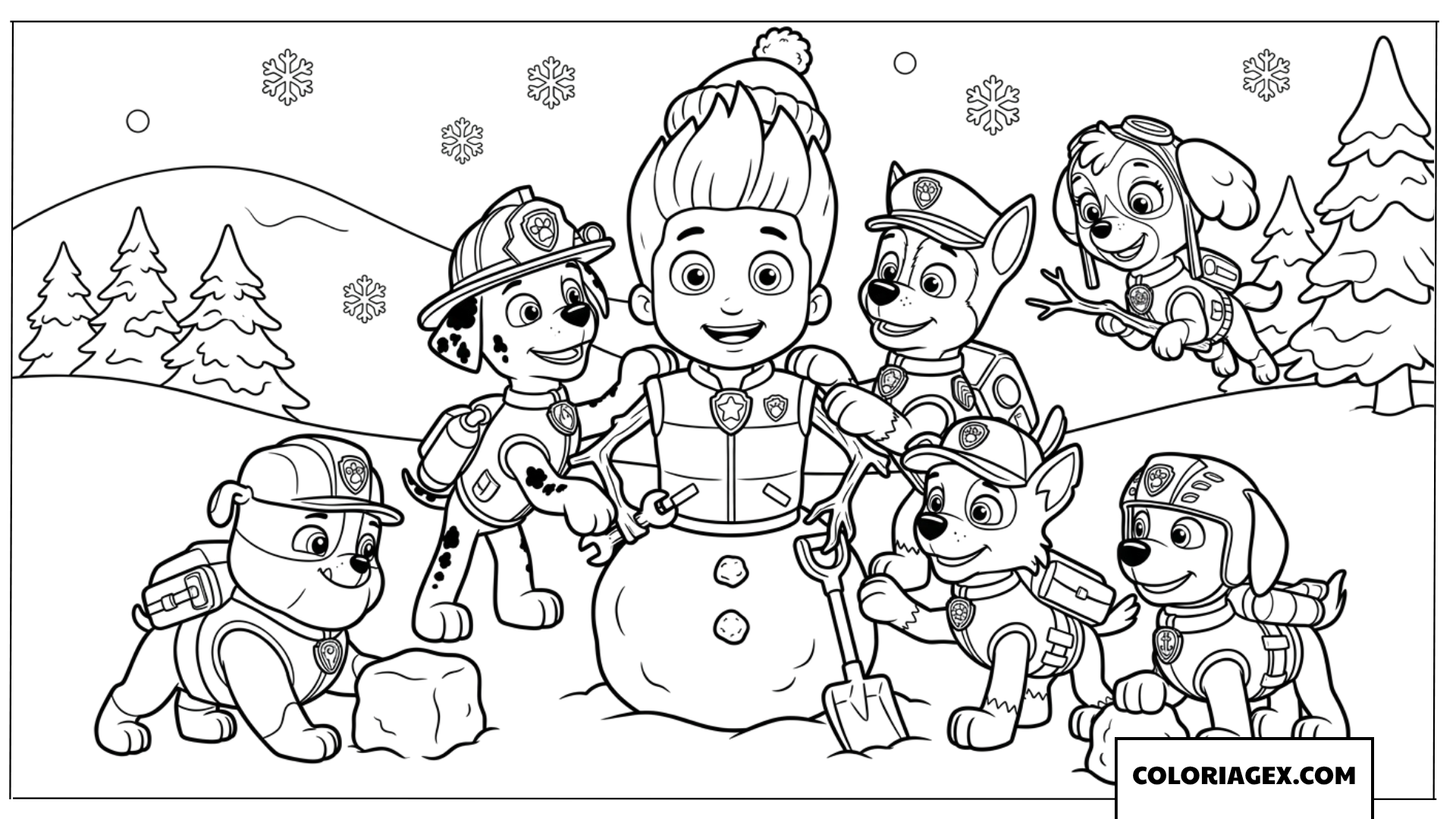Dessin de toute la patrouille construisant un bonhomme de neige