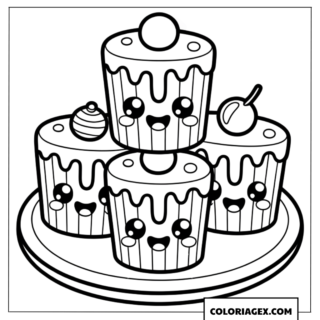 Dessin de trois petits gateaux kawaii sur un plateau