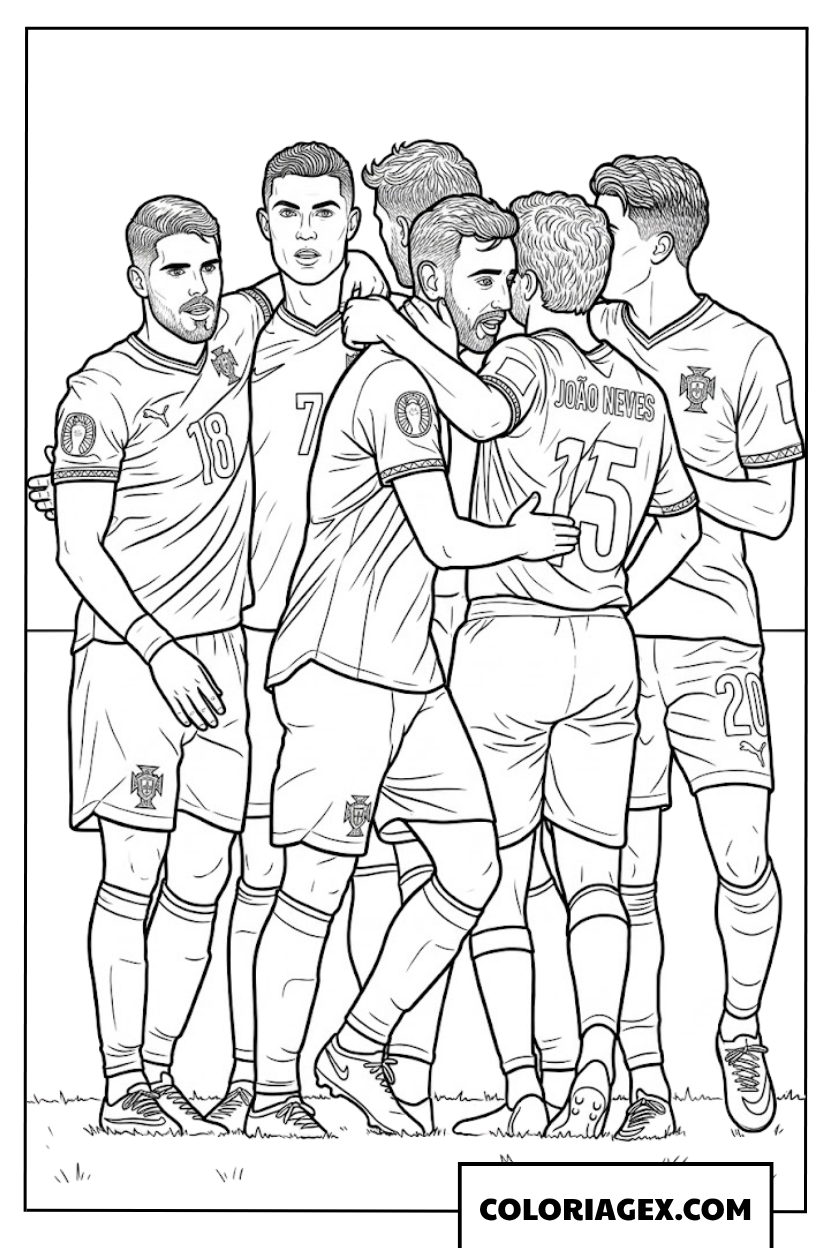 Dessin des joueurs du Portugal celebrant un but ensemble