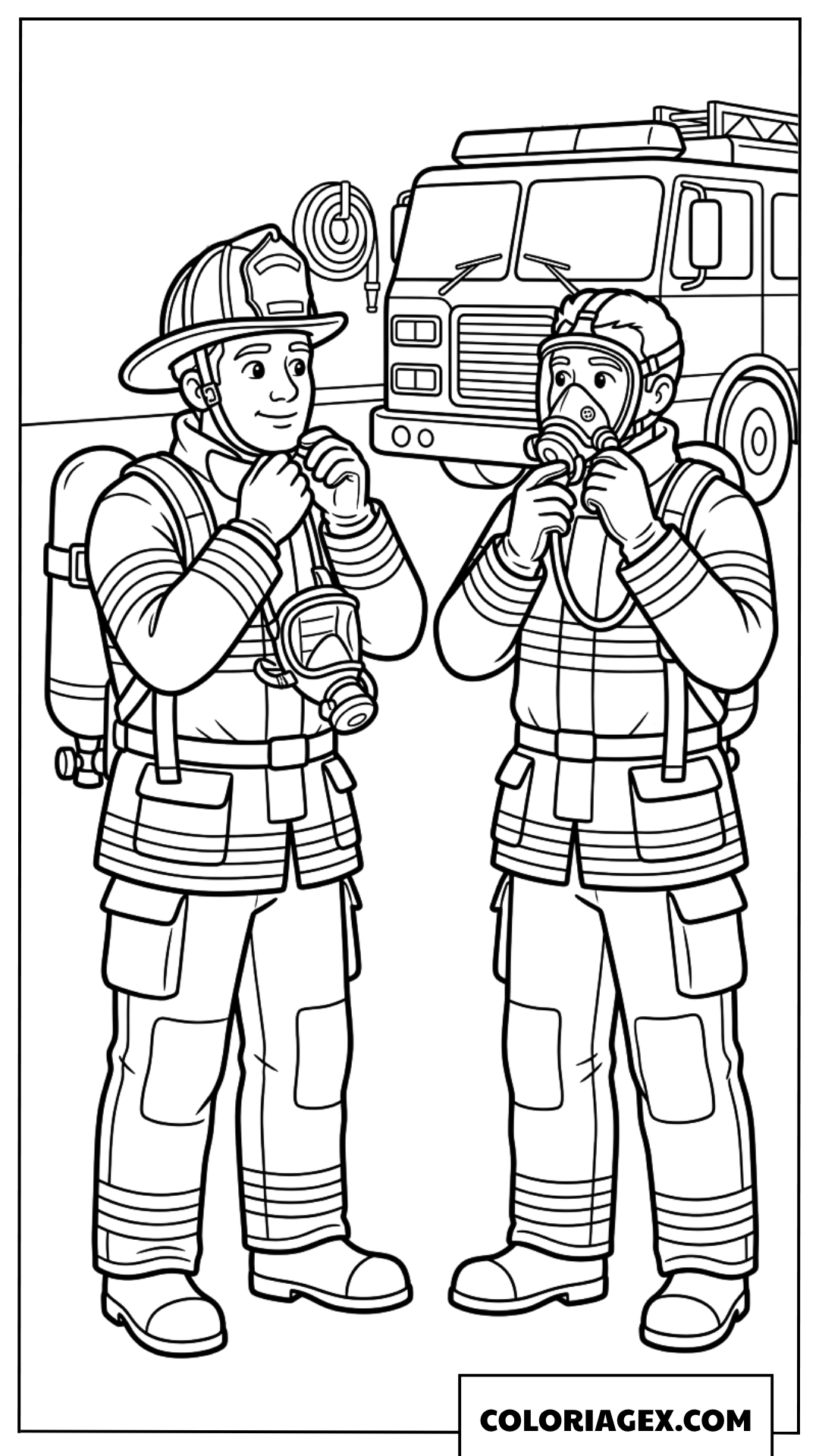 Dessin deux pompiers préparant leur équipement
