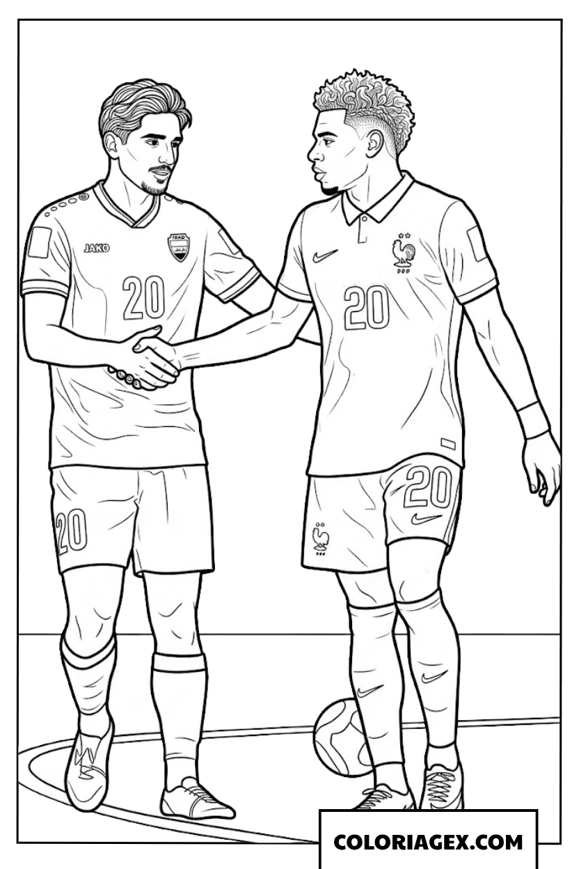 Dessin du geste de fair play entre deux joueurs numero 20 au Mondial
