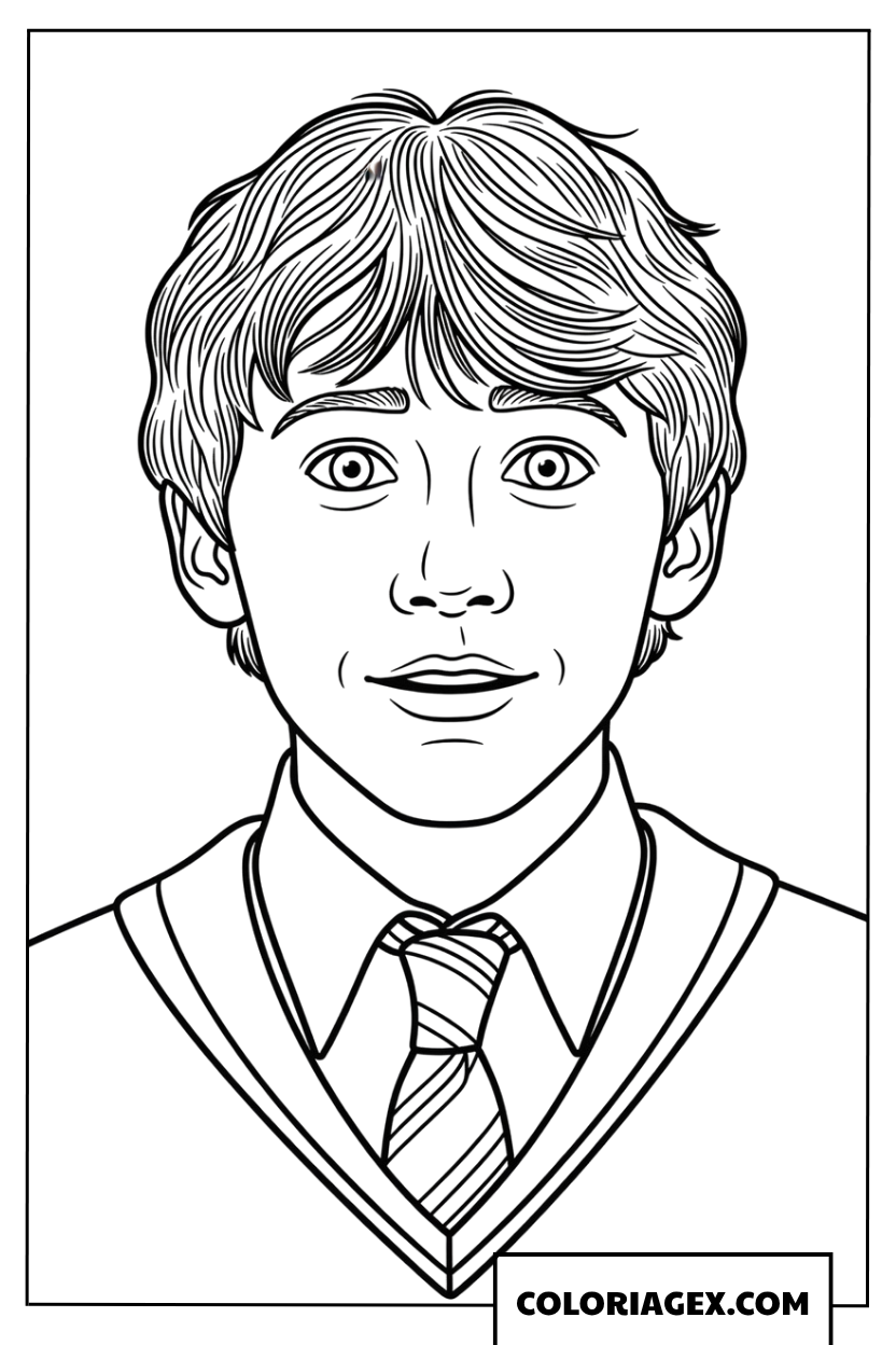 Dessin du portrait de Ron Weasley avec un doux sourire à colorier