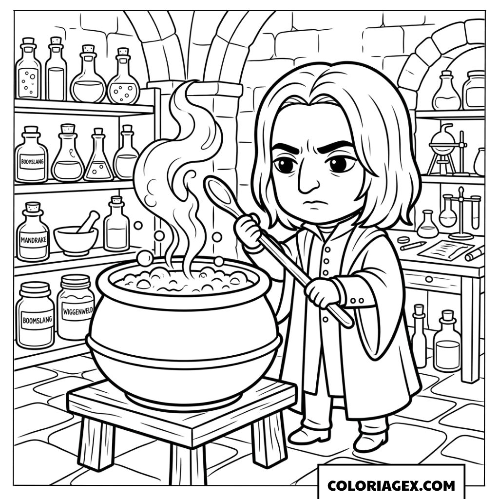 Dessin du professeur Severus Rogue préparant une potion