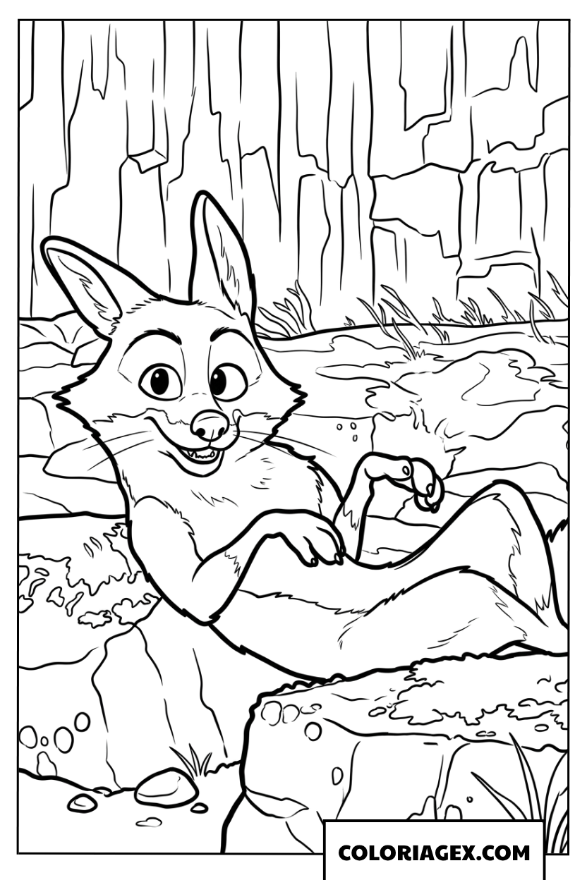Dessin du renard Fink se relaxant dans la forêt