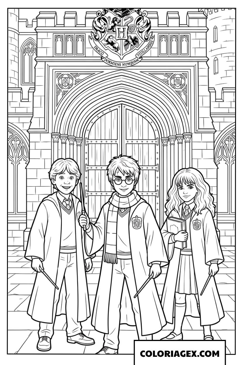 Dessin du trio devant les portes de Poudlard