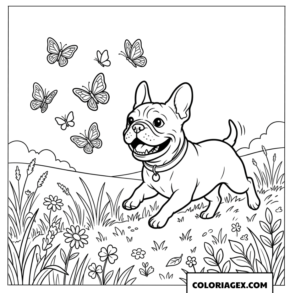 Dessin d'un Bouledogue Français ludique chassant des papillons à colorier