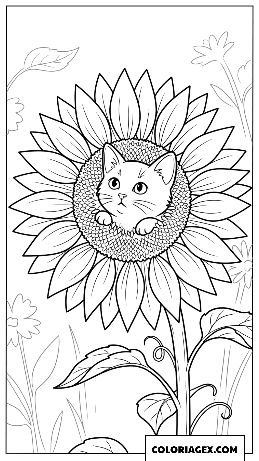 Dessin d'un chaton amusant caché au cœur d'un tournesol
