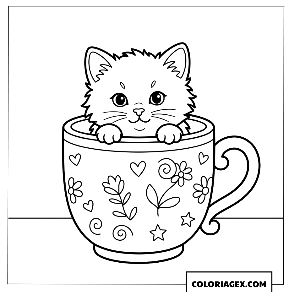 Dessin d'un chaton amusant caché dans une tasse à café