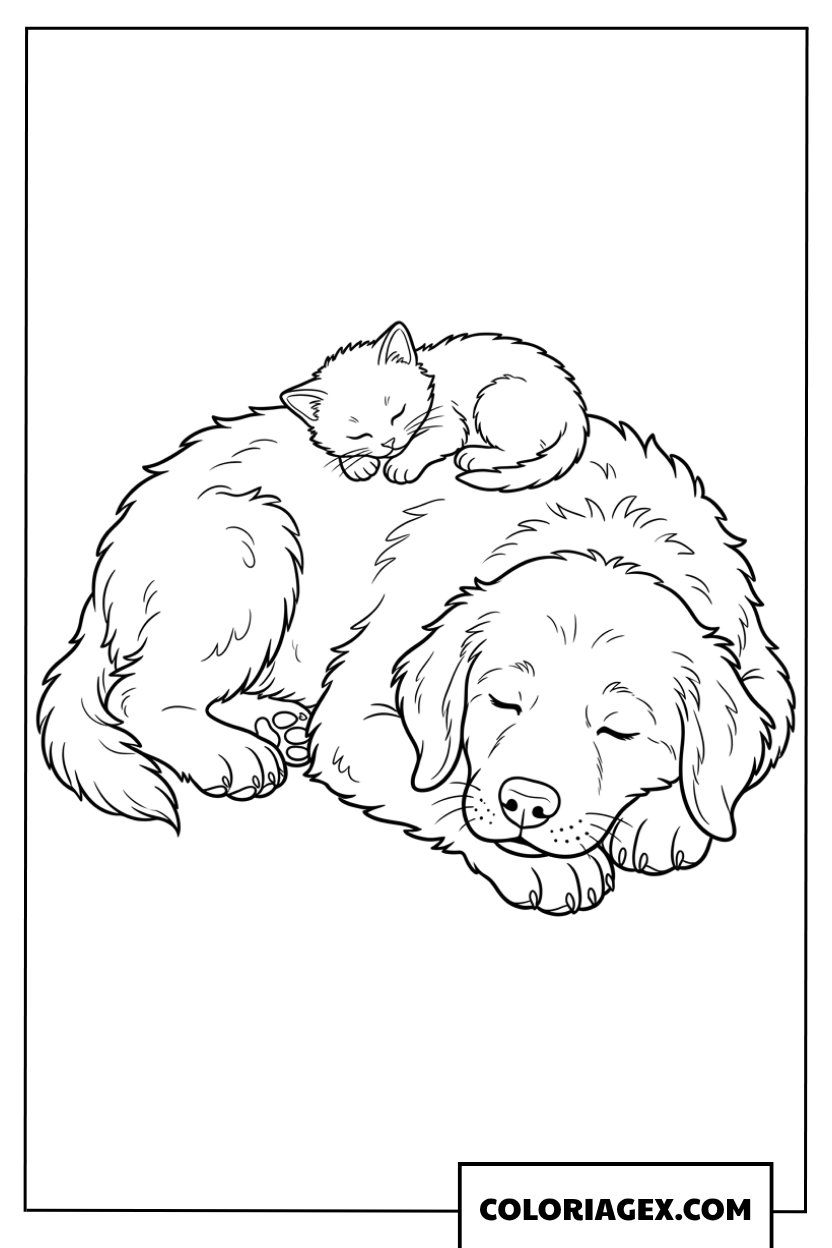 Dessin d'un chaton dormant paisiblement sur le dos d'un chiot